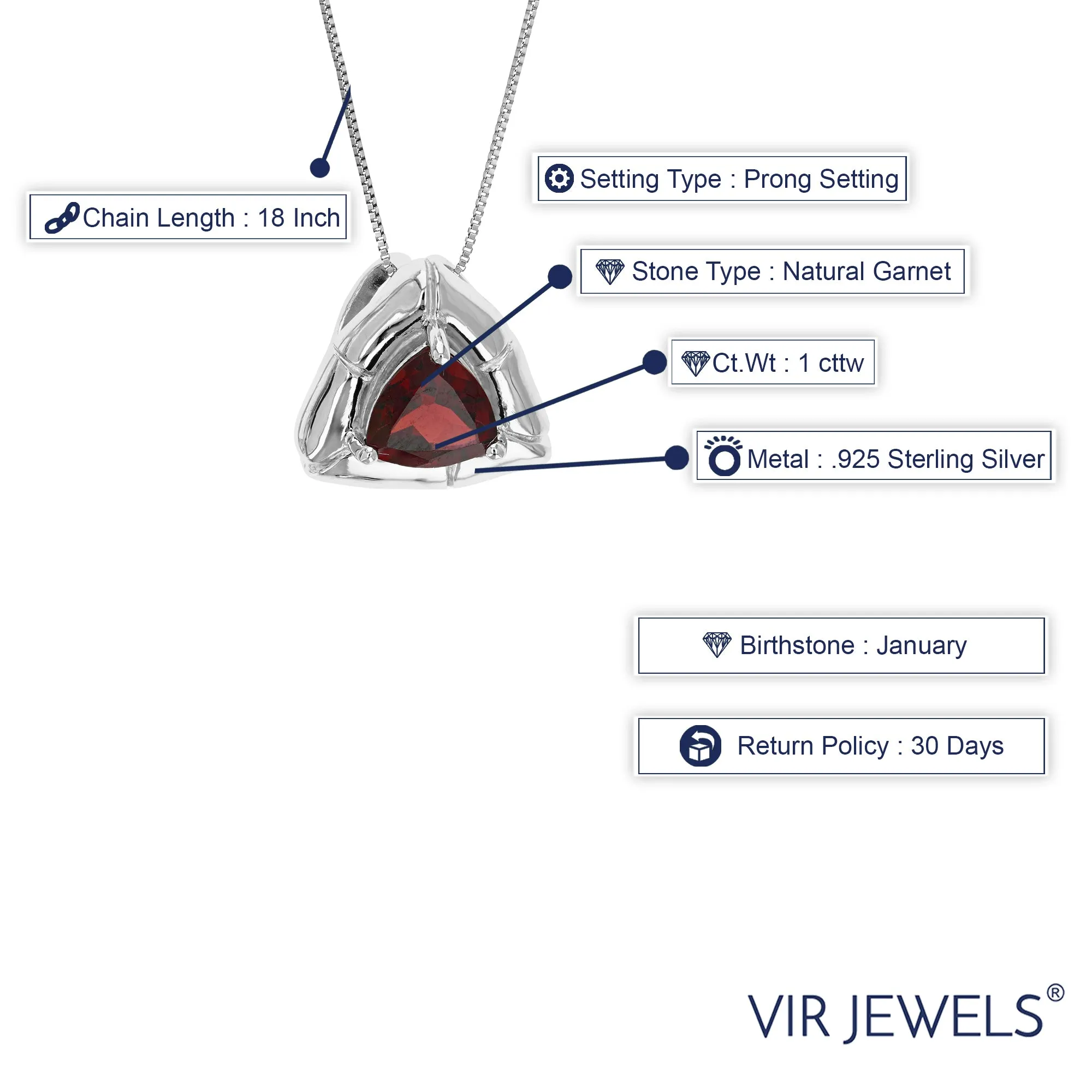 1 cttw Pendant Necklace, Garnet Trillion Shape Pendant Necklace for Women in .925 Sterling Silver with Rhodium, 18 Inch Chain, Prong Setting