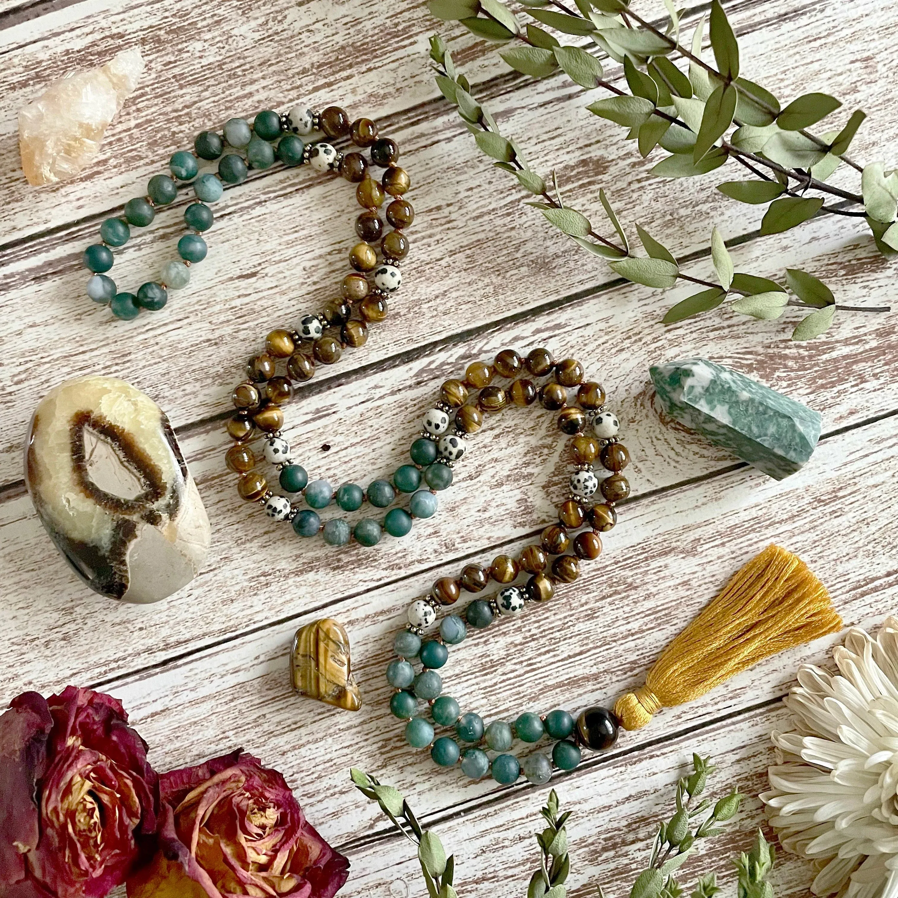 108 Bead Mala in Tiger Eye, Moss Agate Mala Necklace - Capricorn Birthstone