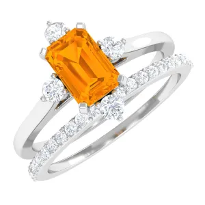 1.25 Carat Emerald Cut Fire Opal Solitaire Ring Set with Diamond