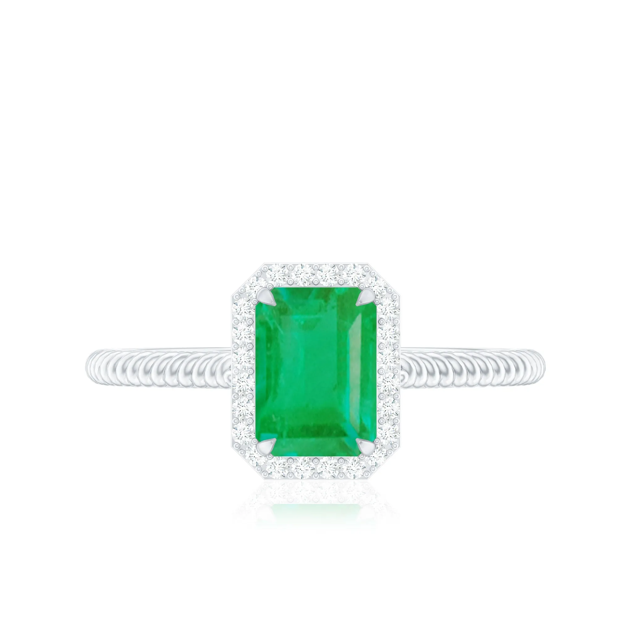 1.25 CT Octagon shape Emerald Solitaire Engagement Ring with Diamond Halo