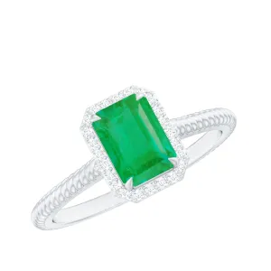 1.25 CT Octagon shape Emerald Solitaire Engagement Ring with Diamond Halo