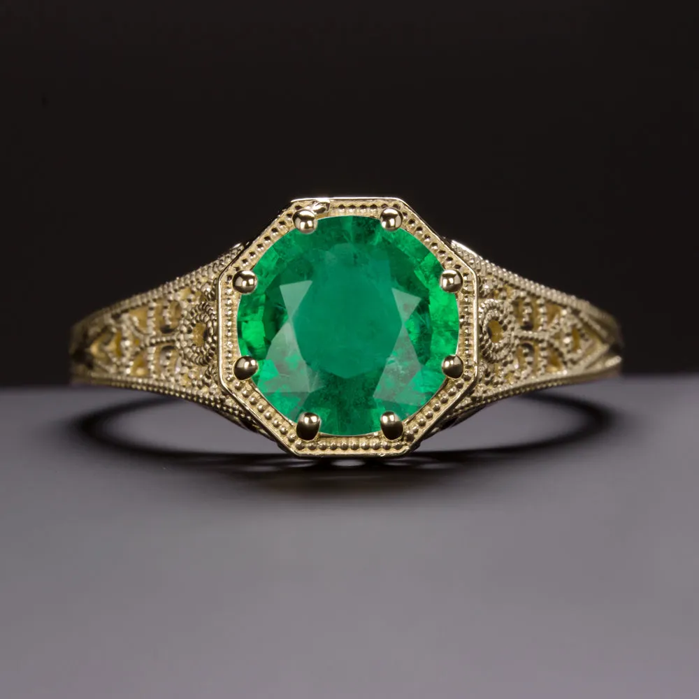 1.26ct NATURAL EMERALD SOLITAIRE RING VINTAGE STYLE FILIGREE 14k YELLOW GOLD