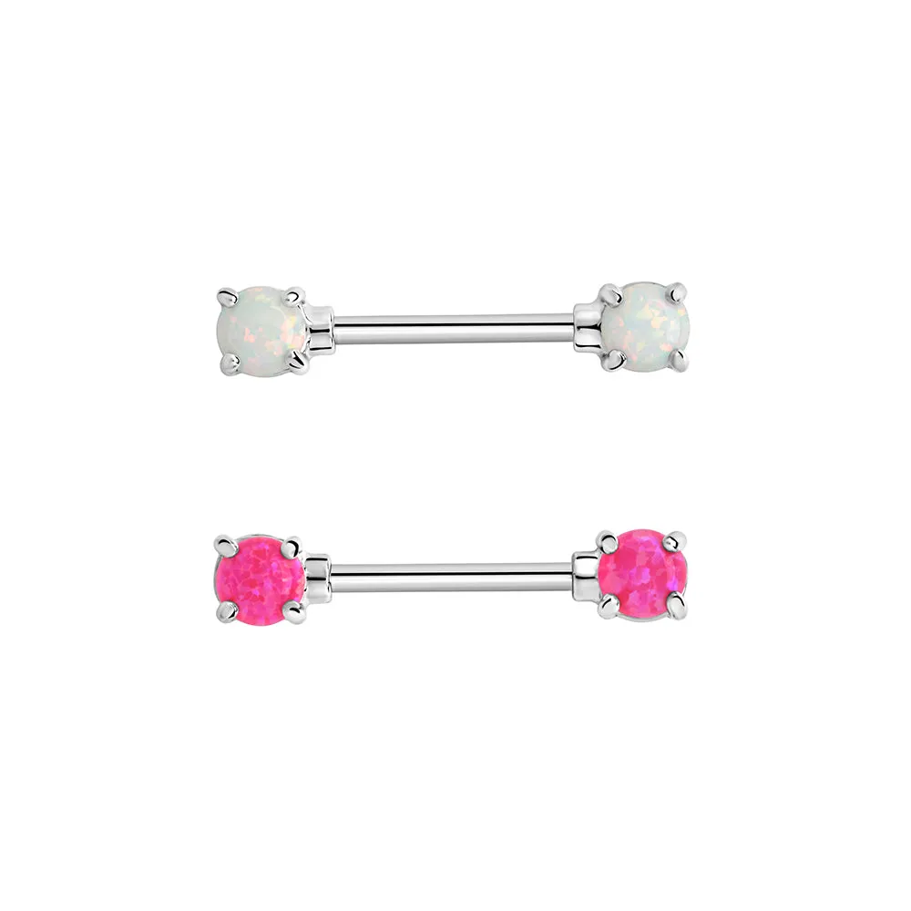 14g 9/16” Rhodium-Plated Straight Barbell Nipple Ring with Opal Ends — Price Per 1