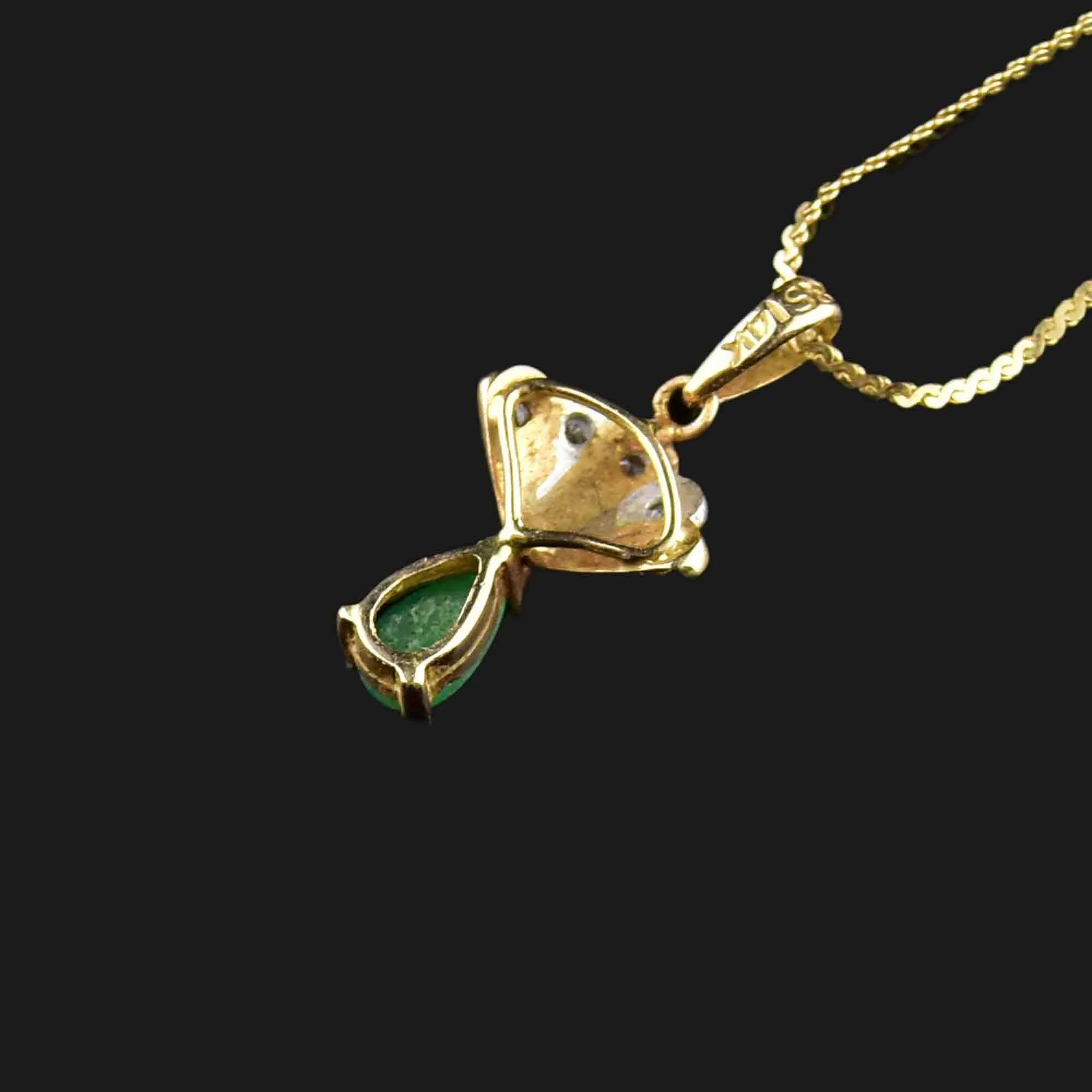 14K Gold Fan Diamond Emerald Pendant Necklace