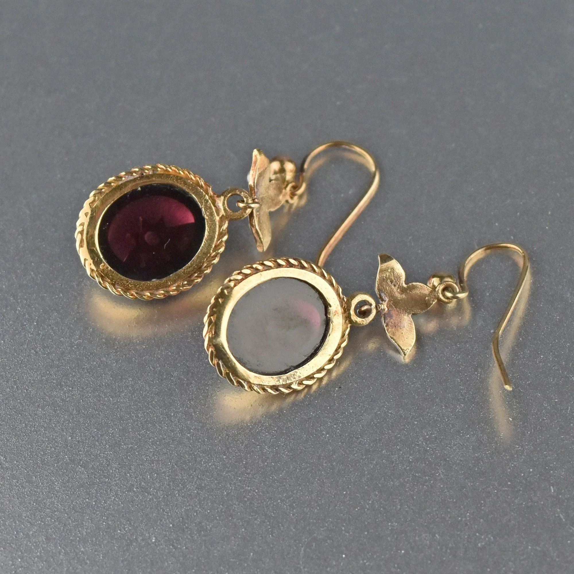 14K Gold Victorian Garnet Cabochon Pearl Dangle Earrings