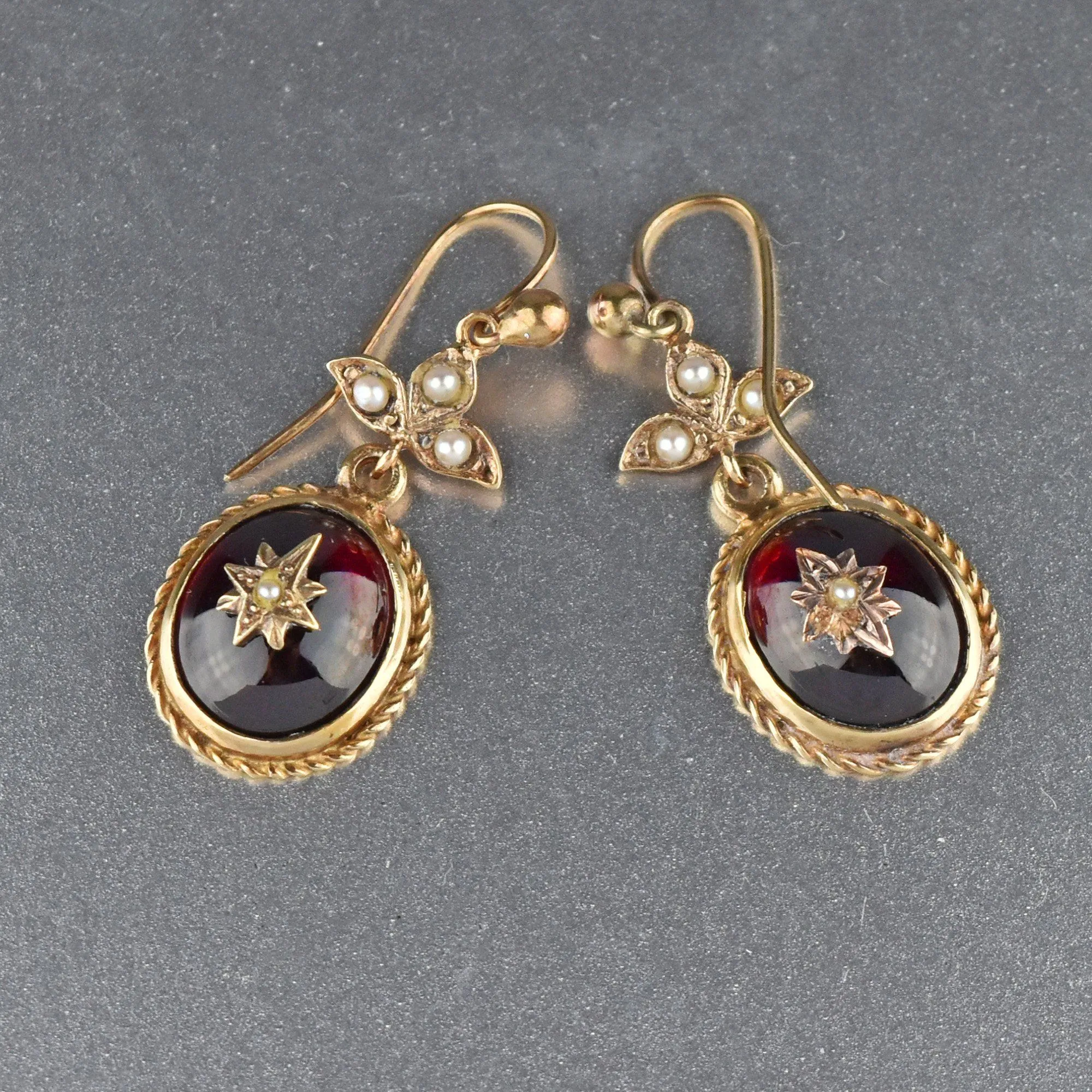 14K Gold Victorian Garnet Cabochon Pearl Dangle Earrings