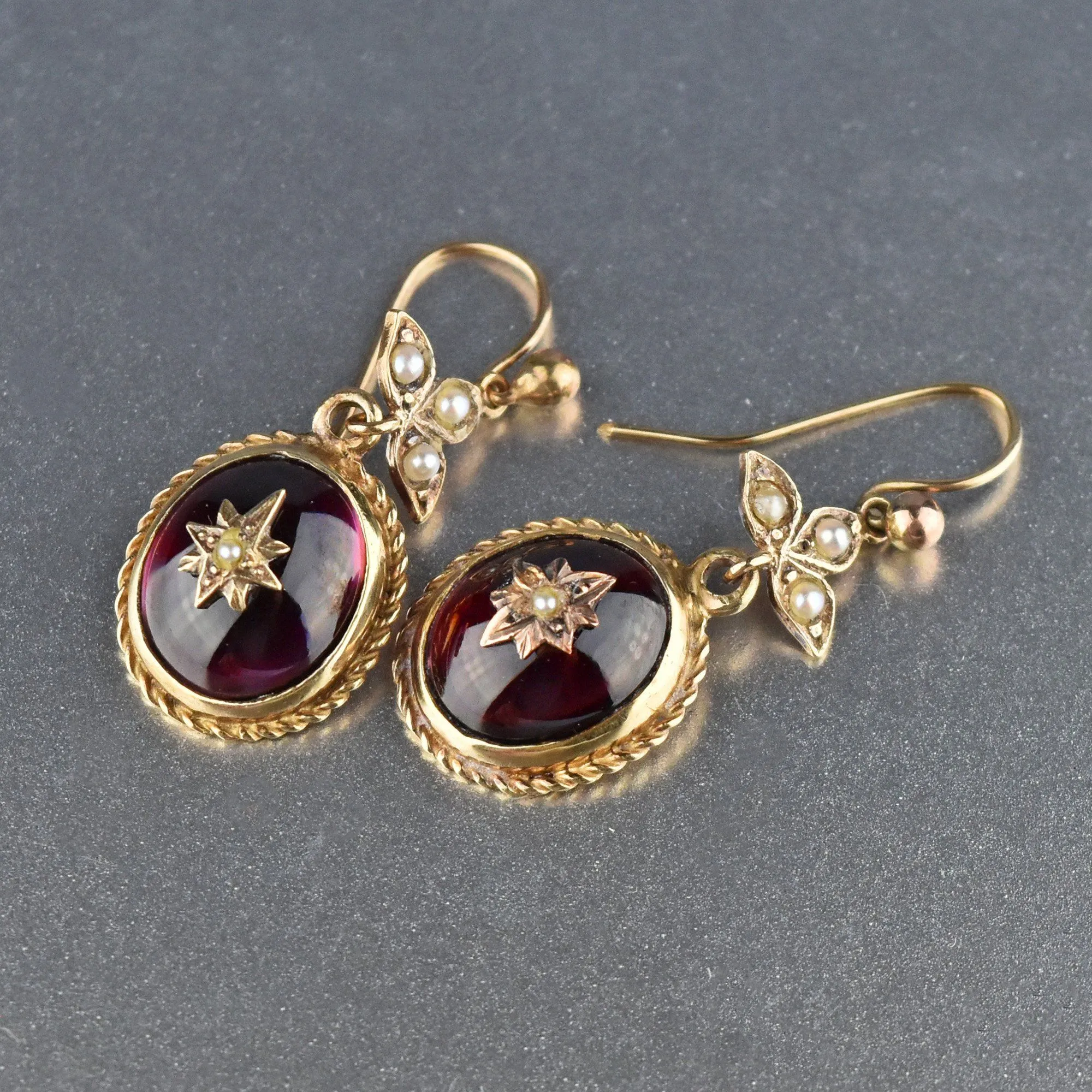 14K Gold Victorian Garnet Cabochon Pearl Dangle Earrings