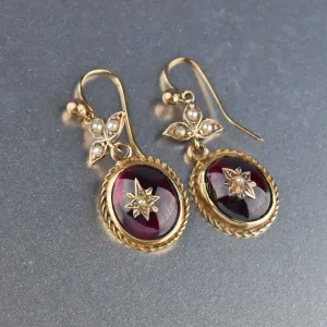 14K Gold Victorian Garnet Cabochon Pearl Dangle Earrings