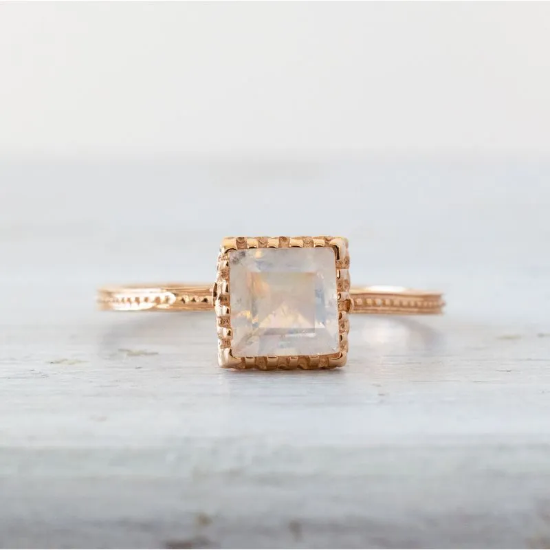 14K Rose Gold Square White Moonstone 6X6mm Ring