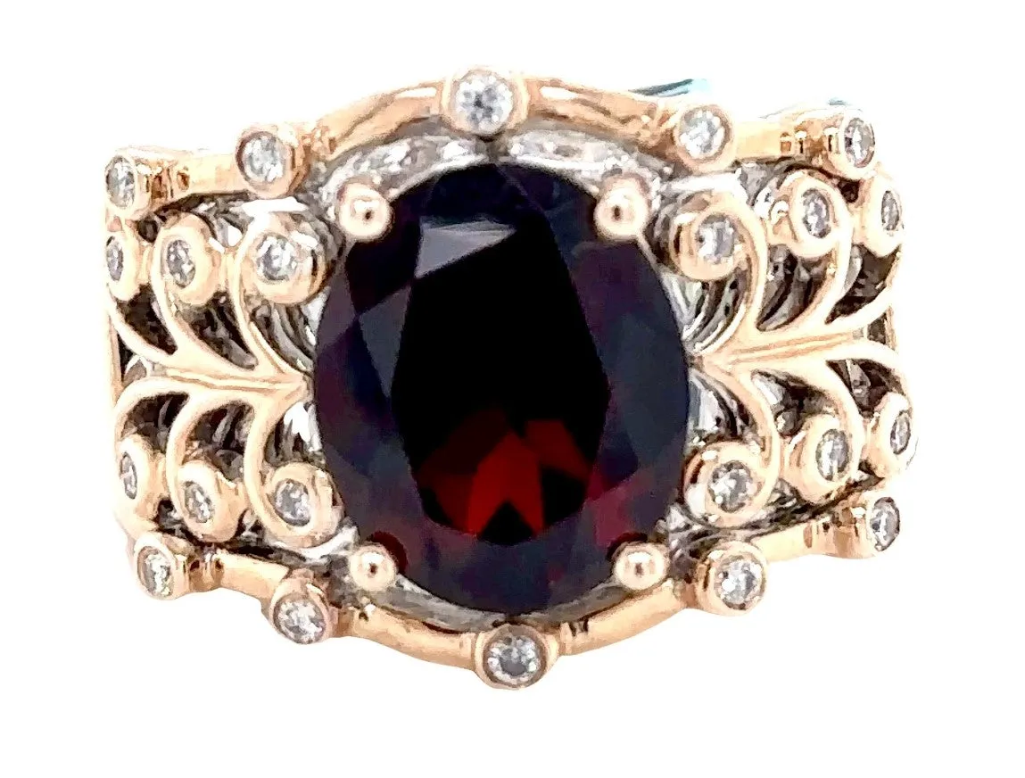 14K T/T Oval Red Garnet & Diamond Fashion Ring