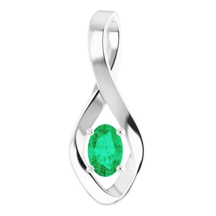 14K White 6x4 mm Oval Lab-Grown Emerald Pendant