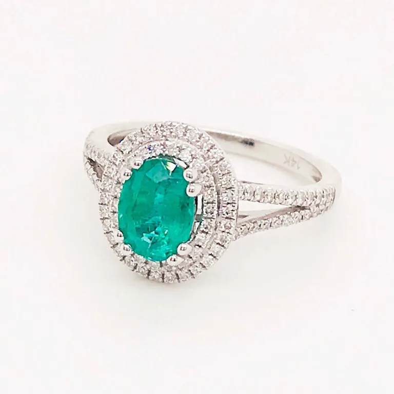 14k White Gold Emerald and Double Diamond Halo Ring