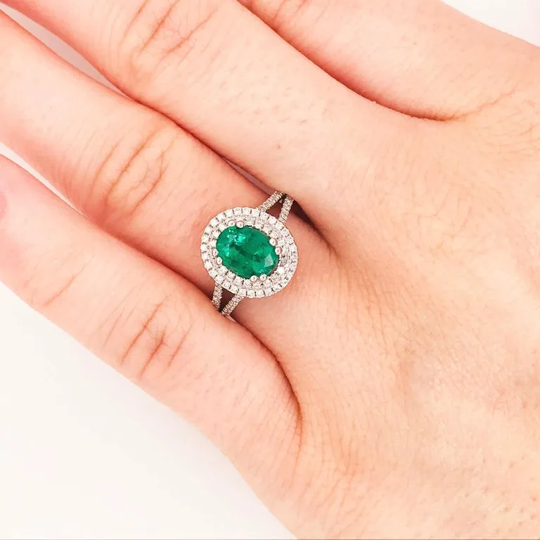 14k White Gold Emerald and Double Diamond Halo Ring