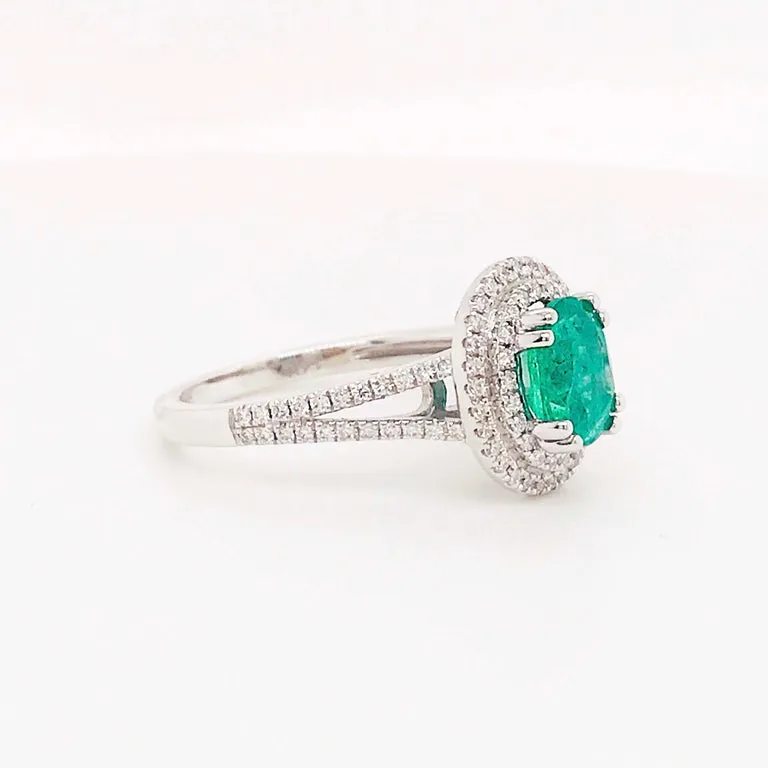 14k White Gold Emerald and Double Diamond Halo Ring