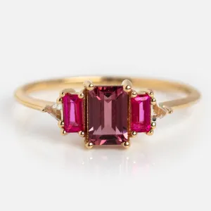 14kt Gold Rhodolite Garnet and Topaz Cascading Love Ring