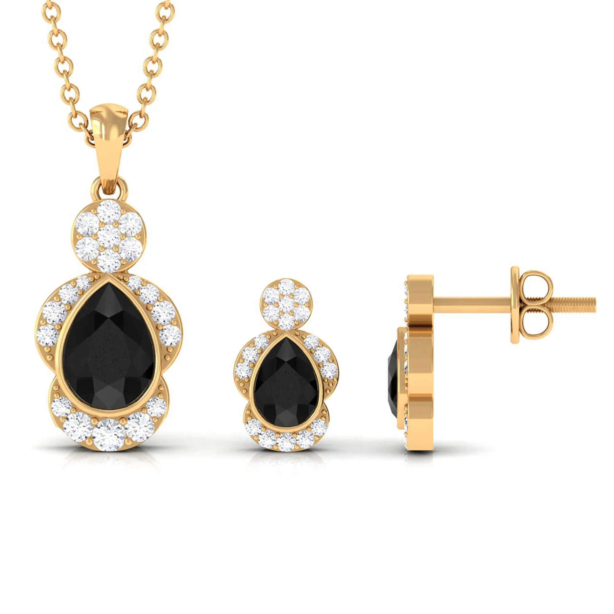 1.50 CT Black Onyx Dangle Jewelry Set with Diamond Stones