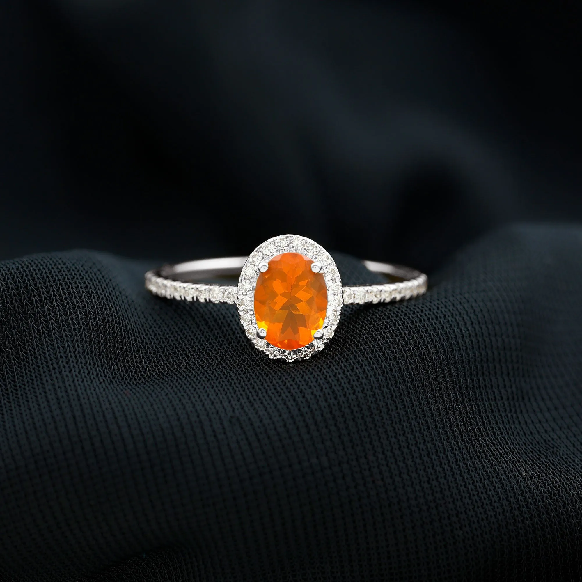 1.50 CT Oval Fire Opal Engagement Ring with Diamond Halo and Side Stones