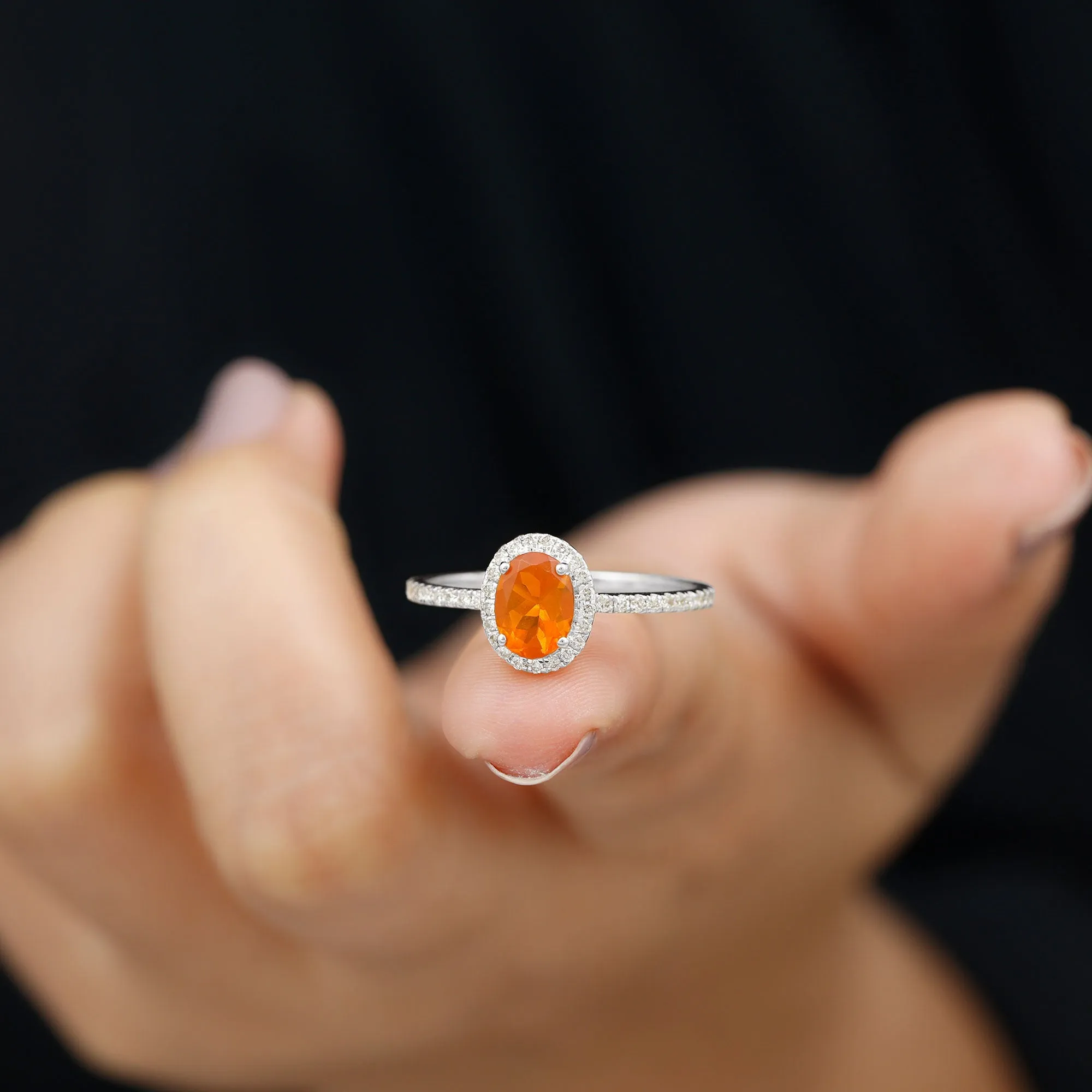 1.50 CT Oval Fire Opal Engagement Ring with Diamond Halo and Side Stones