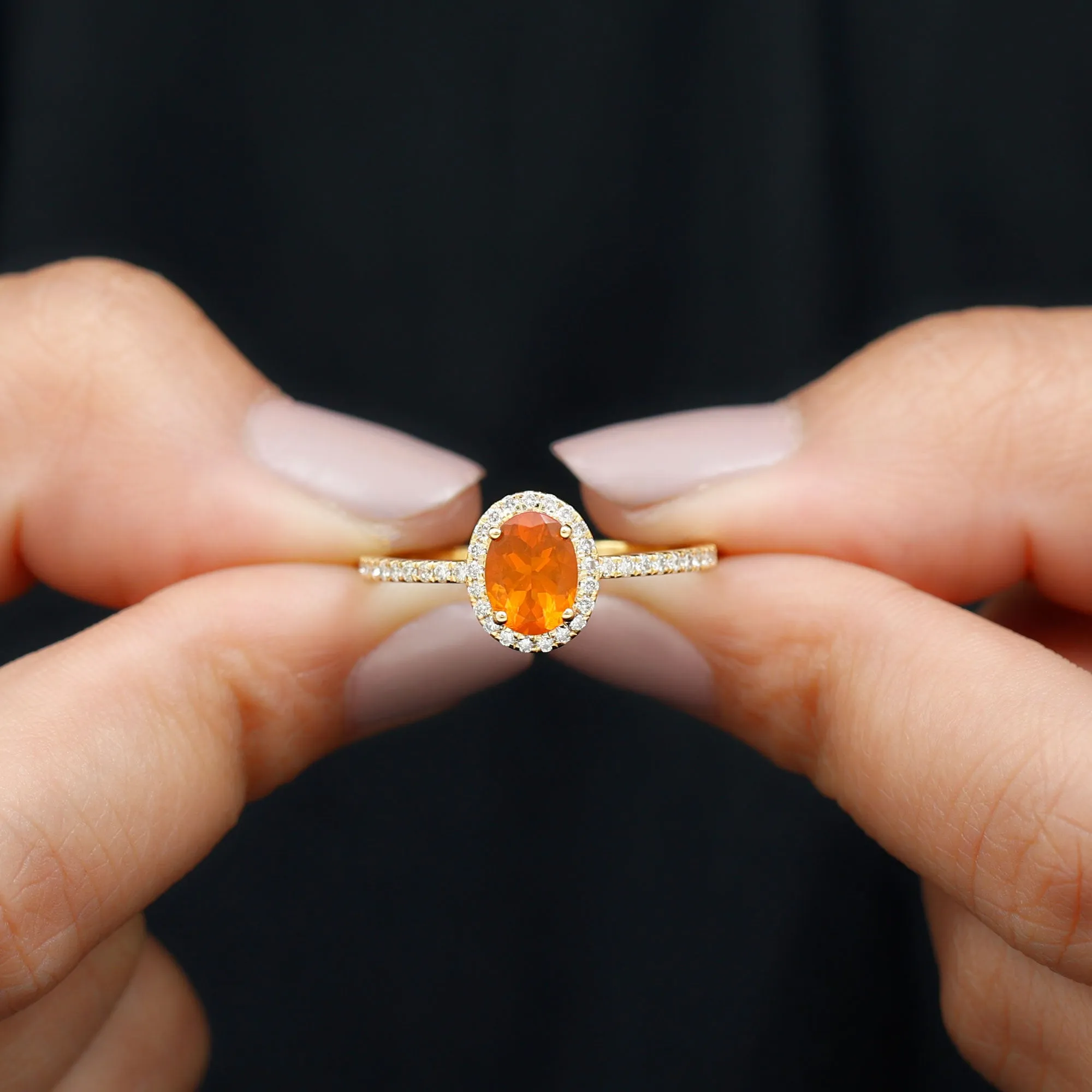 1.50 CT Oval Fire Opal Engagement Ring with Diamond Halo and Side Stones