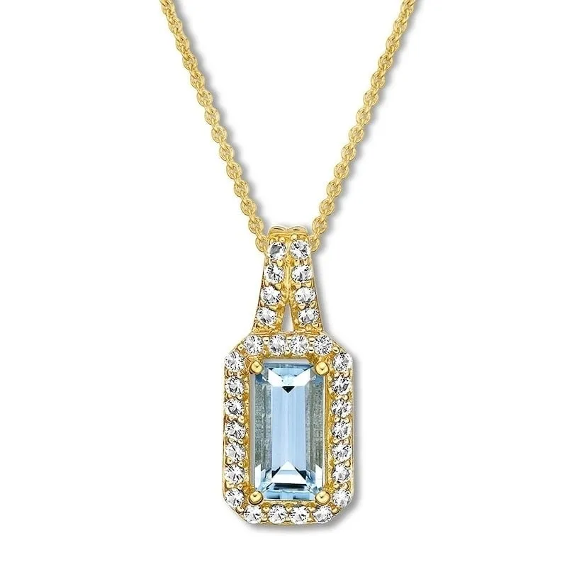 18K Gold Plated Aqua Drop Pendant Necklace Emerald Cut CZ Crystals 18" Chain