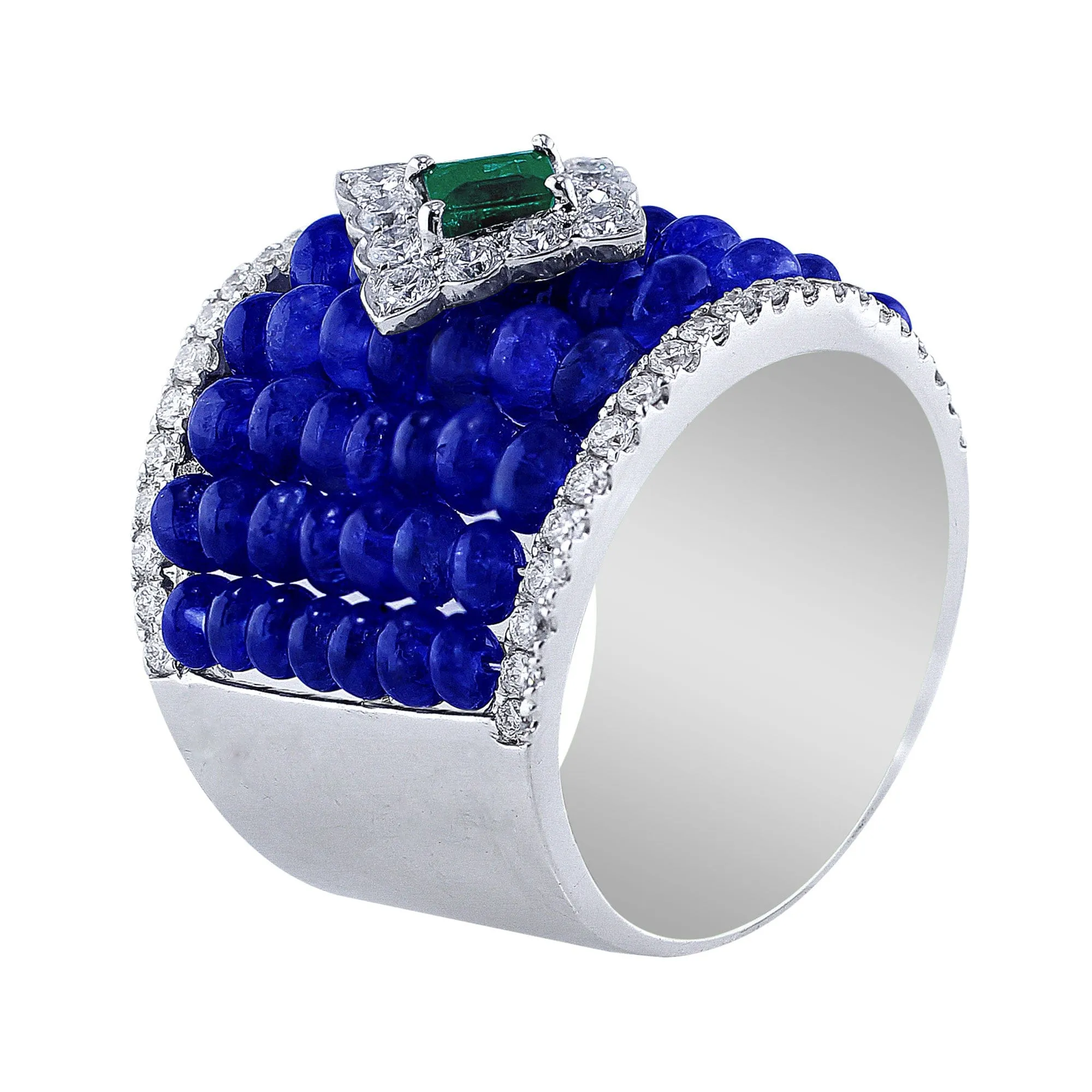 18k White Gold Wide Sapphire Diamond Center Emerald Ring