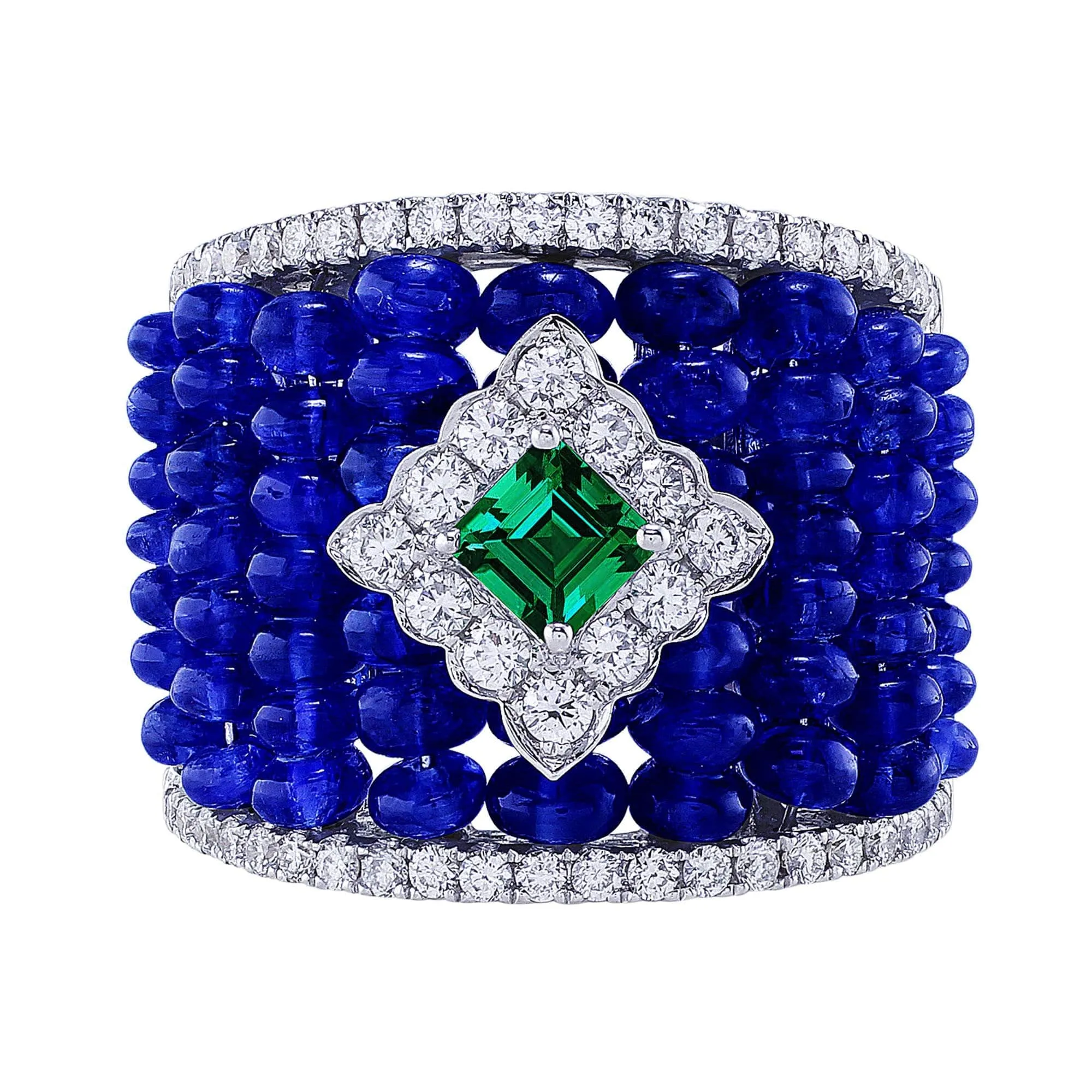 18k White Gold Wide Sapphire Diamond Center Emerald Ring