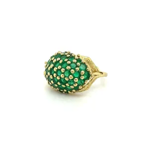 18K Yellow Gold Round Natural Emerald Gemstone Cluster Dome Ring