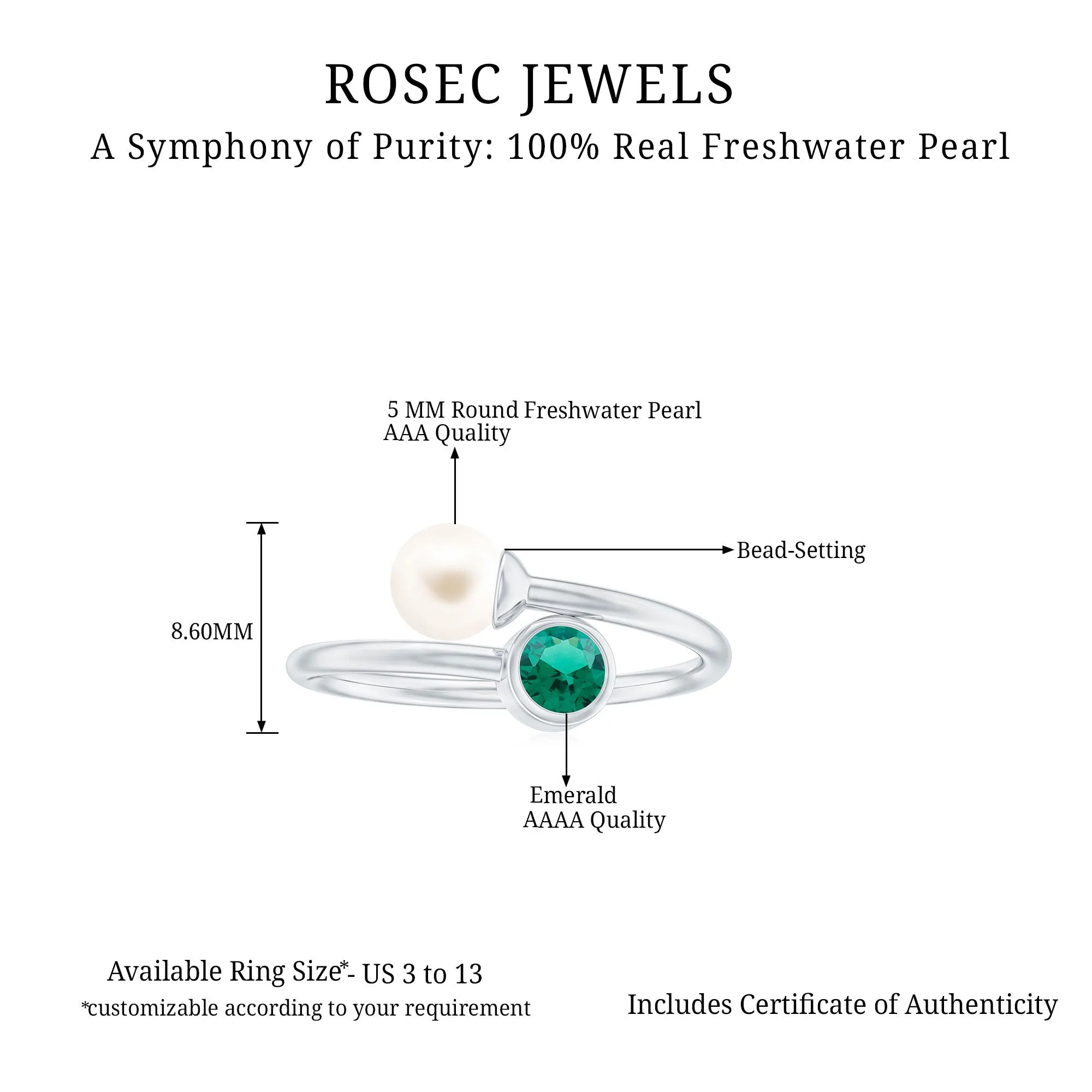 2 CT Freshwater Pearl Solitaire with Created Emerald Wedding Ring