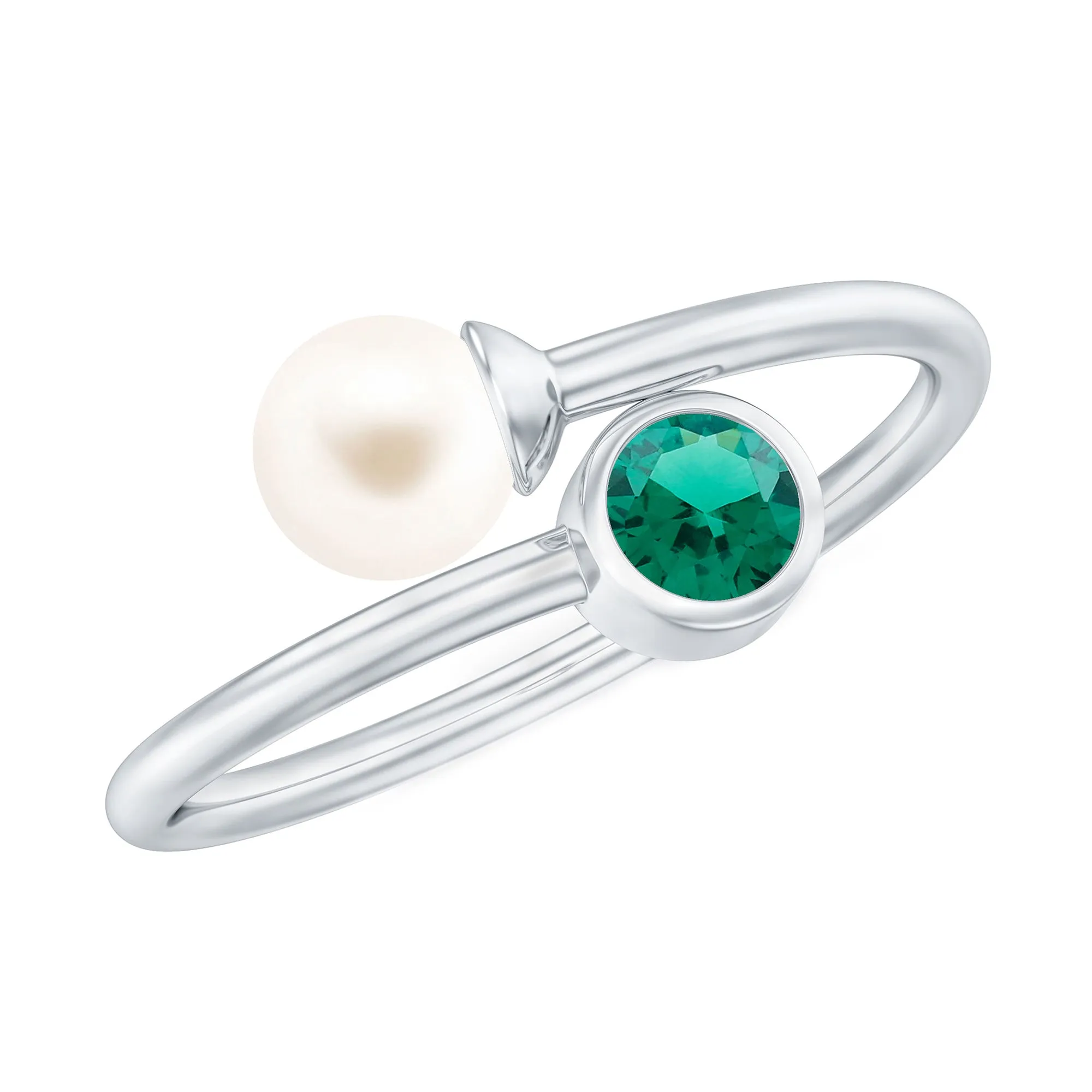 2 CT Freshwater Pearl Solitaire with Created Emerald Wedding Ring