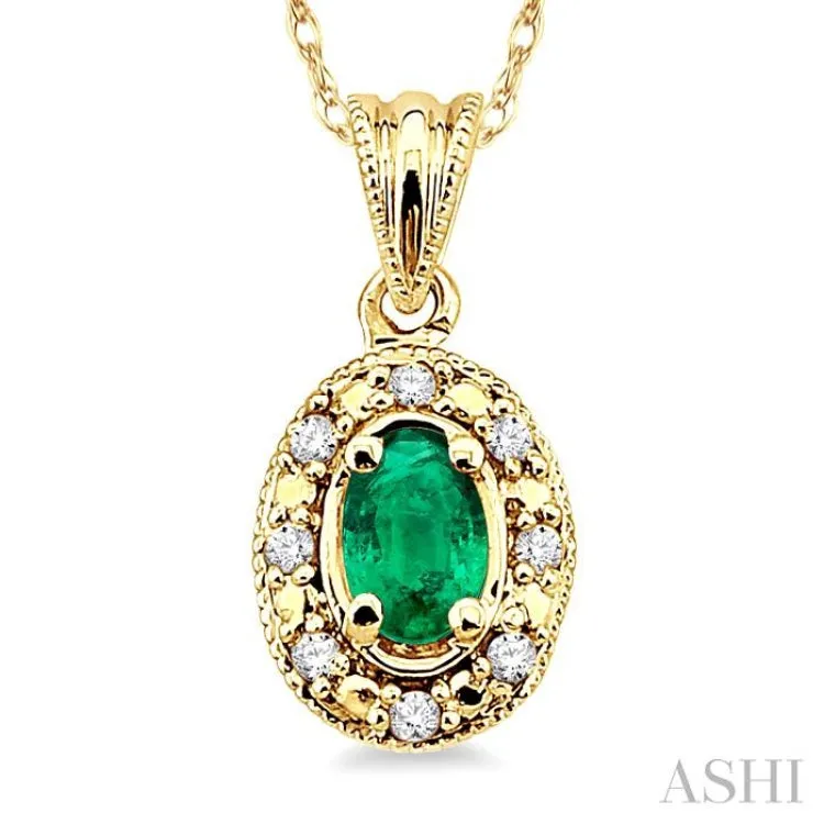 5x3mm Oval Shape Emerald and 1/20 Ctw Single Cut Diamond Pendant in 14K Yellow Gold with Chain.