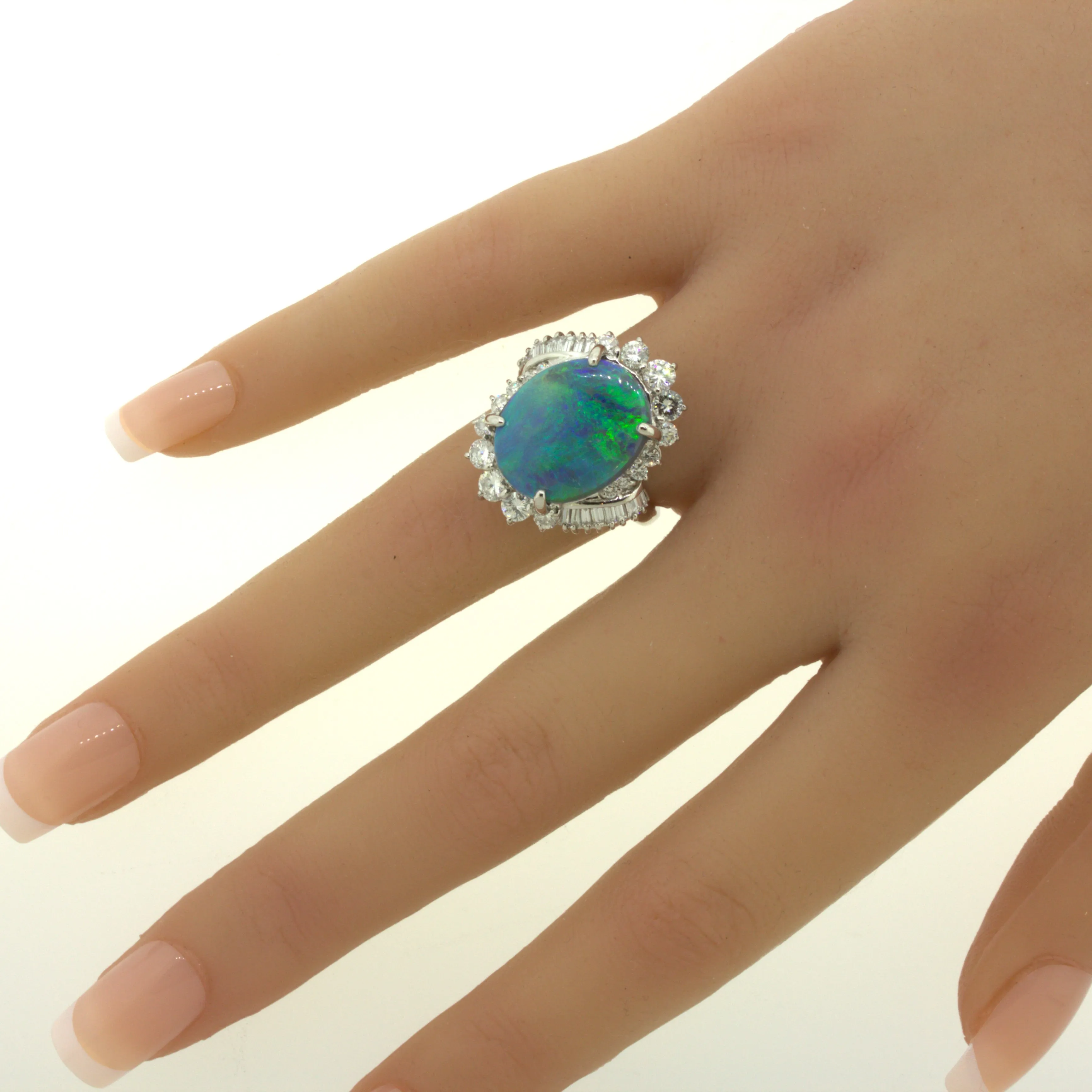 6.79 Carat Australian Black Opal Diamond Platinum Cocktail Ring