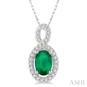 6x4 MM Oval Cut Emerald and 1/10 Ctw Round Cut Diamond Pendant in 14K White Gold with Chain