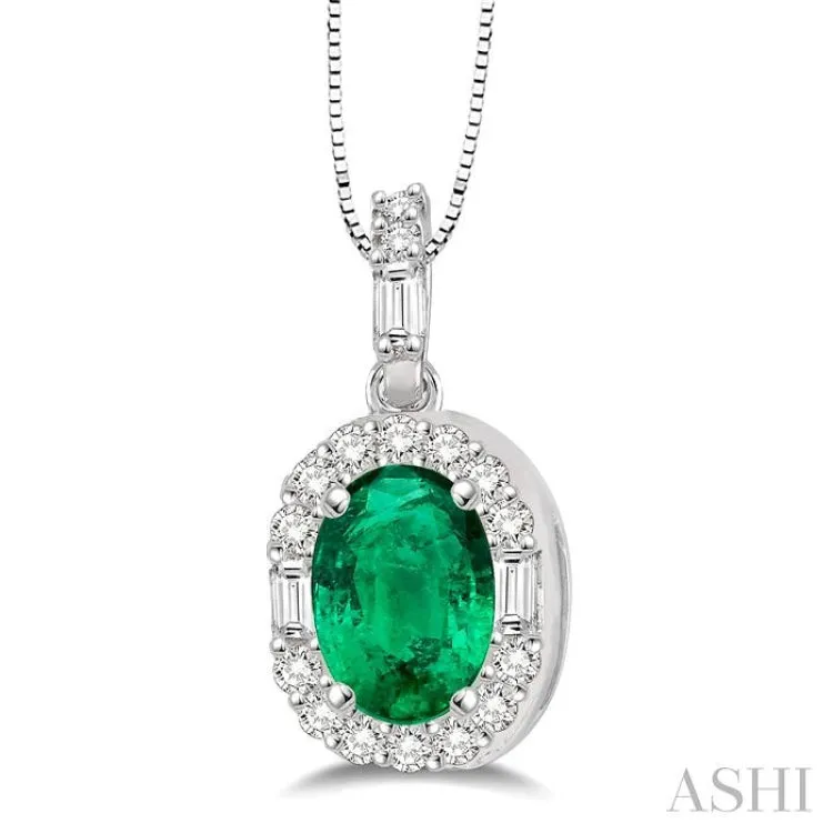 6x4 MM Oval Shape Emerald and 1/4 Ctw Diamond Pendant in 14K White Gold with Chain