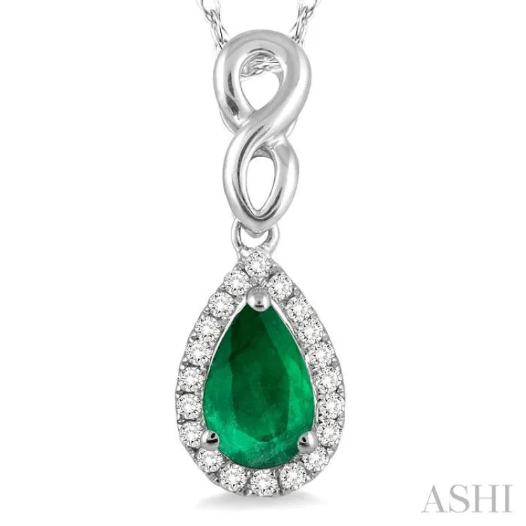 6x4 MM Pear Shape Emerald and 1/10 Ctw Round Cut Diamond Pendant in 10K White Gold with Chain