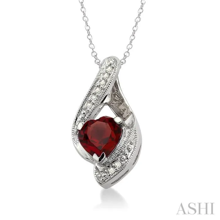 7x7 MM Heart Shape Garnet and 1/20 Ctw Single Cut Diamond Pendant in Sterling Silver with Chain