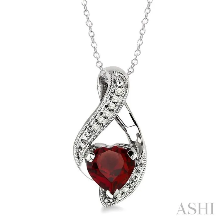 7x7 MM Heart Shape Garnet and 1/20 Ctw Single Cut Diamond Pendant in Sterling Silver with Chain