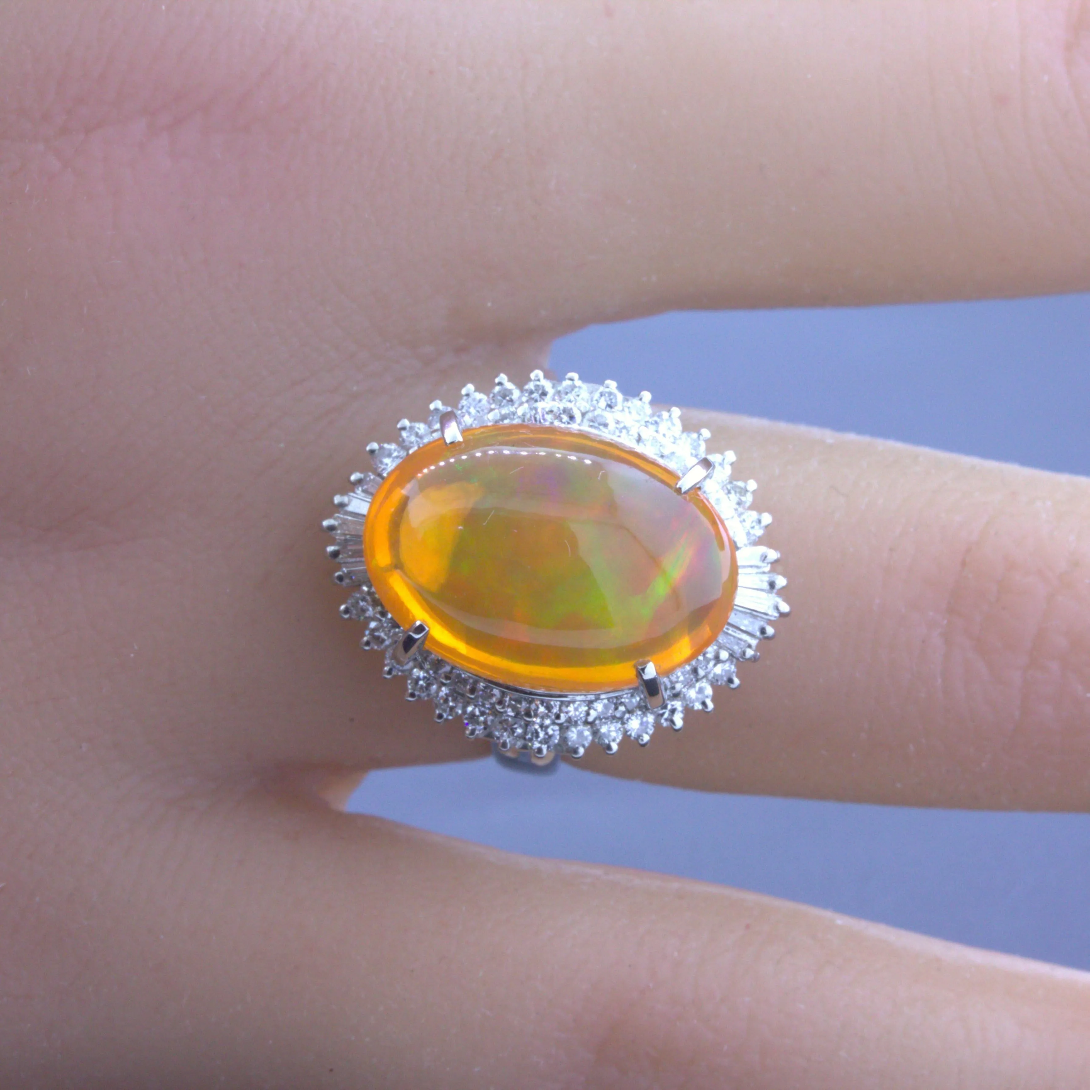 8.48 Carat Mexican Fire Opal Diamond Platinum Ring