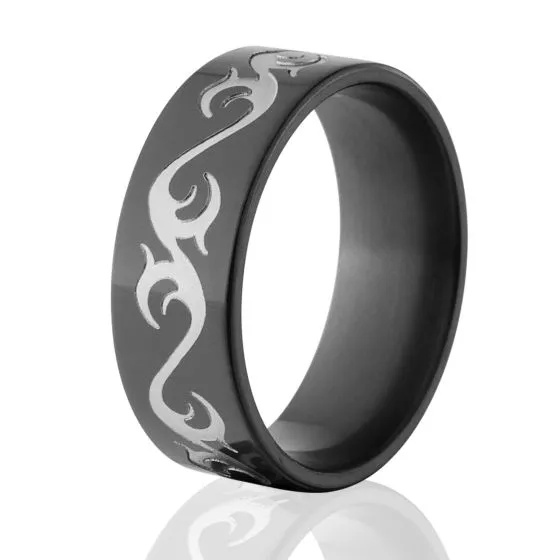 8mm Tribal Design Ring, Black Zirconium Ring