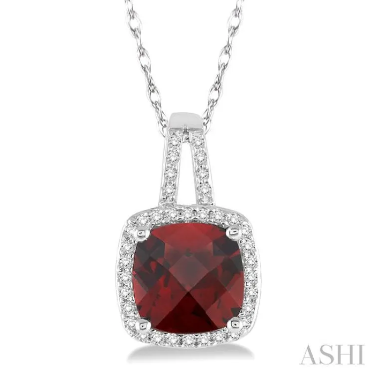 8x8 MM Cushion Shape Garnet and 1/5 Ctw Round Cut Diamond Pendant in 10K White Gold with Chain