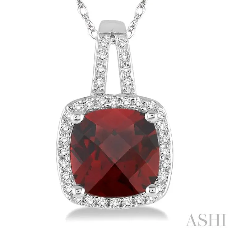 8x8 MM Cushion Shape Garnet and 1/5 Ctw Round Cut Diamond Pendant in 10K White Gold with Chain