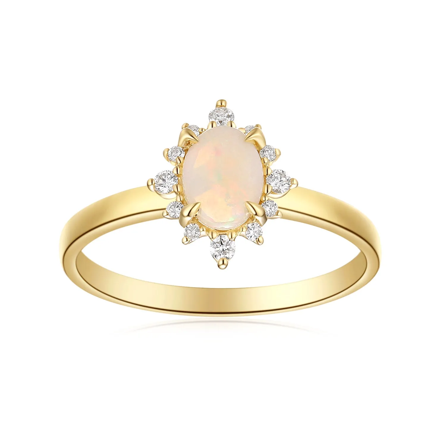 9ct Yellow Gold Oval Cut 7x5mm White Opal Diamond Set Ring