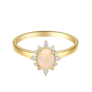 9ct Yellow Gold Oval Cut 7x5mm White Opal Diamond Set Ring