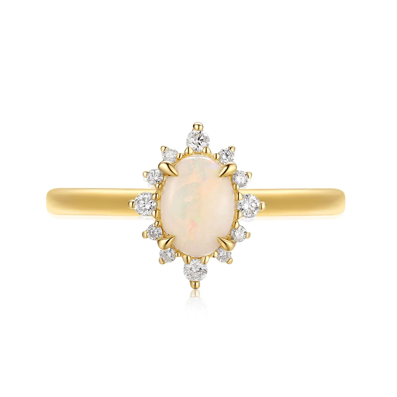 9ct Yellow Gold Oval Cut 7x5mm White Opal Diamond Set Ring