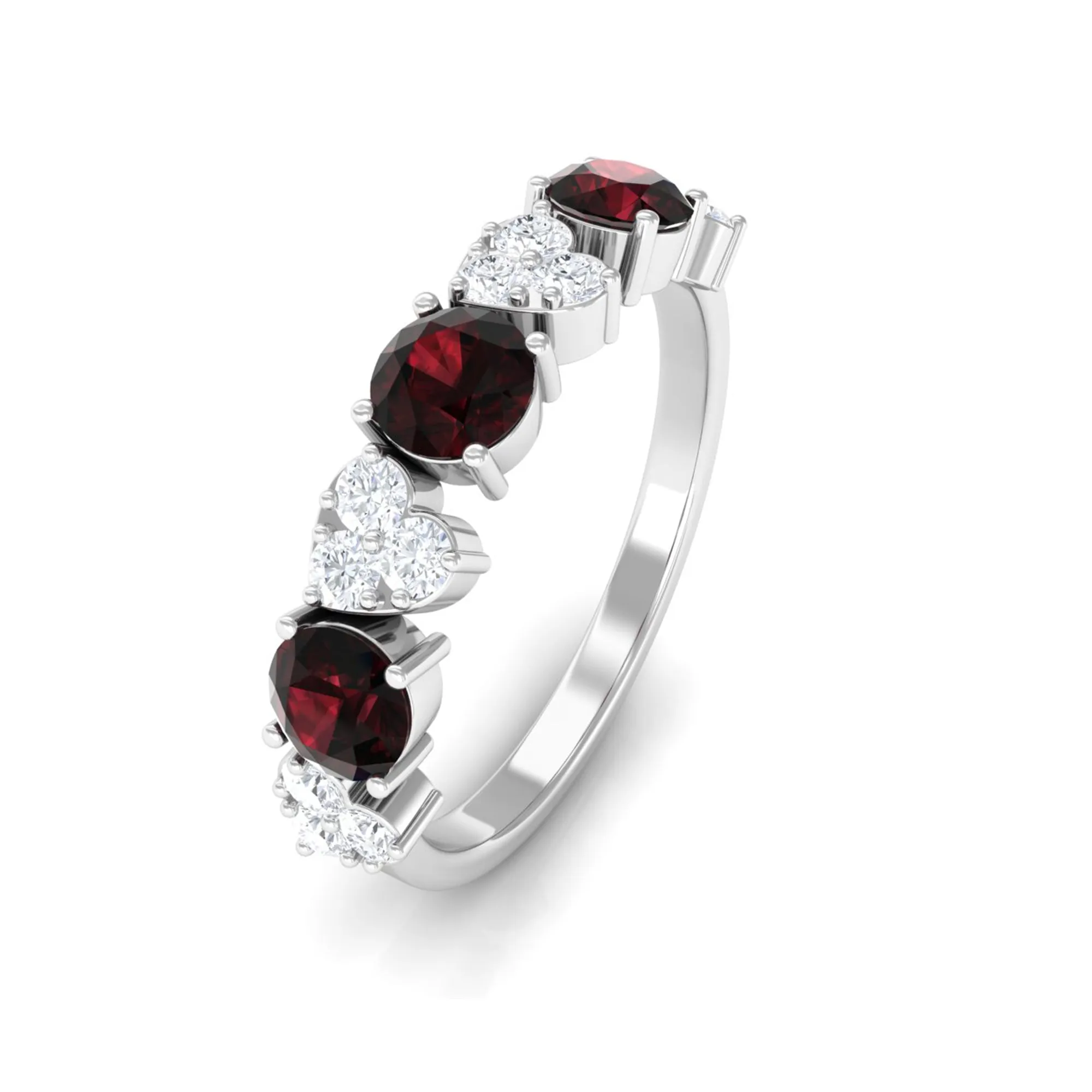 Alternate Garnet and Pave Diamond Heart Half Eternity Ring