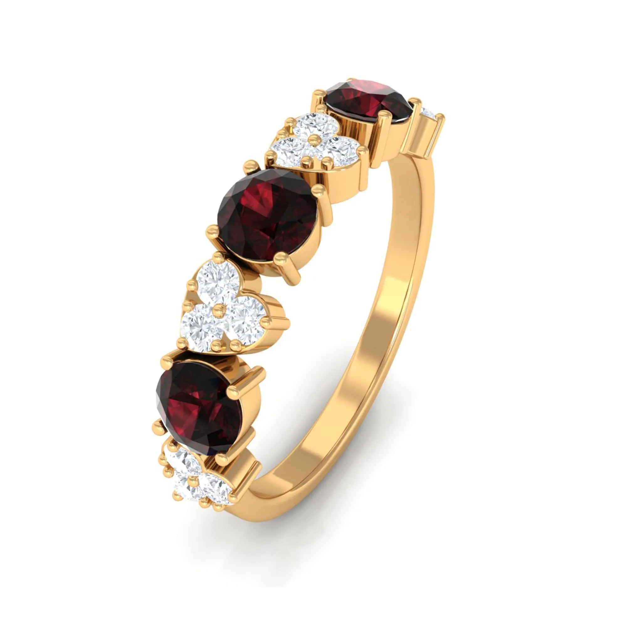 Alternate Garnet and Pave Diamond Heart Half Eternity Ring