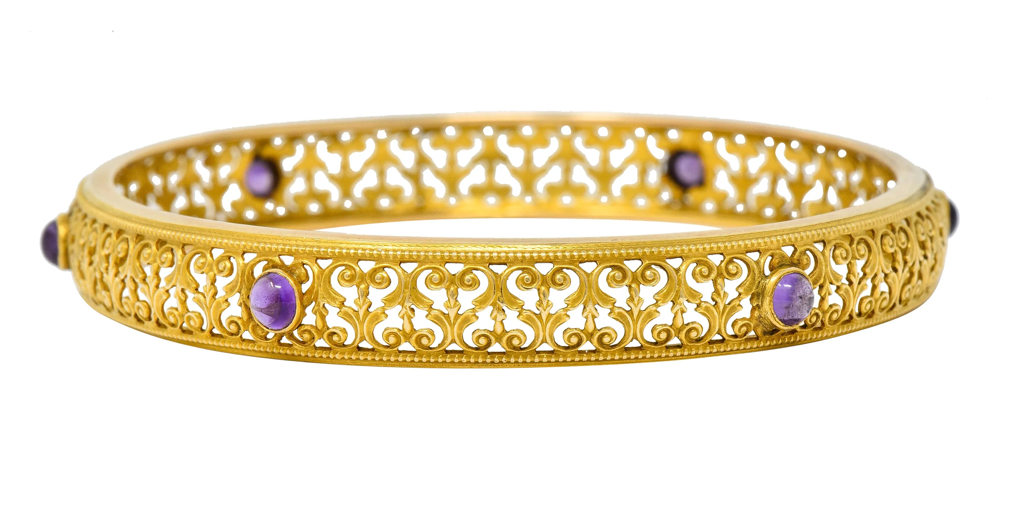 Art Nouveau Amethyst 14 Karat Gold Scrolled Filigree Bangle Bracelet