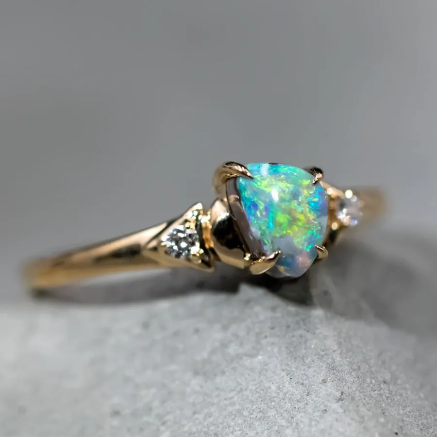 Australian Black Opal & Diamond Engagement Wedding Ring in 18k Yellow Gold