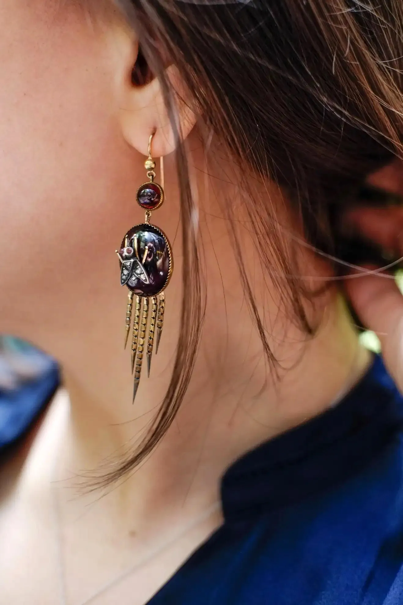 AUTHENTIC FRINGED VICTORIAN CABOCHON GARNET DIAMOND EARRINGS CIRCA 1870 RARE!