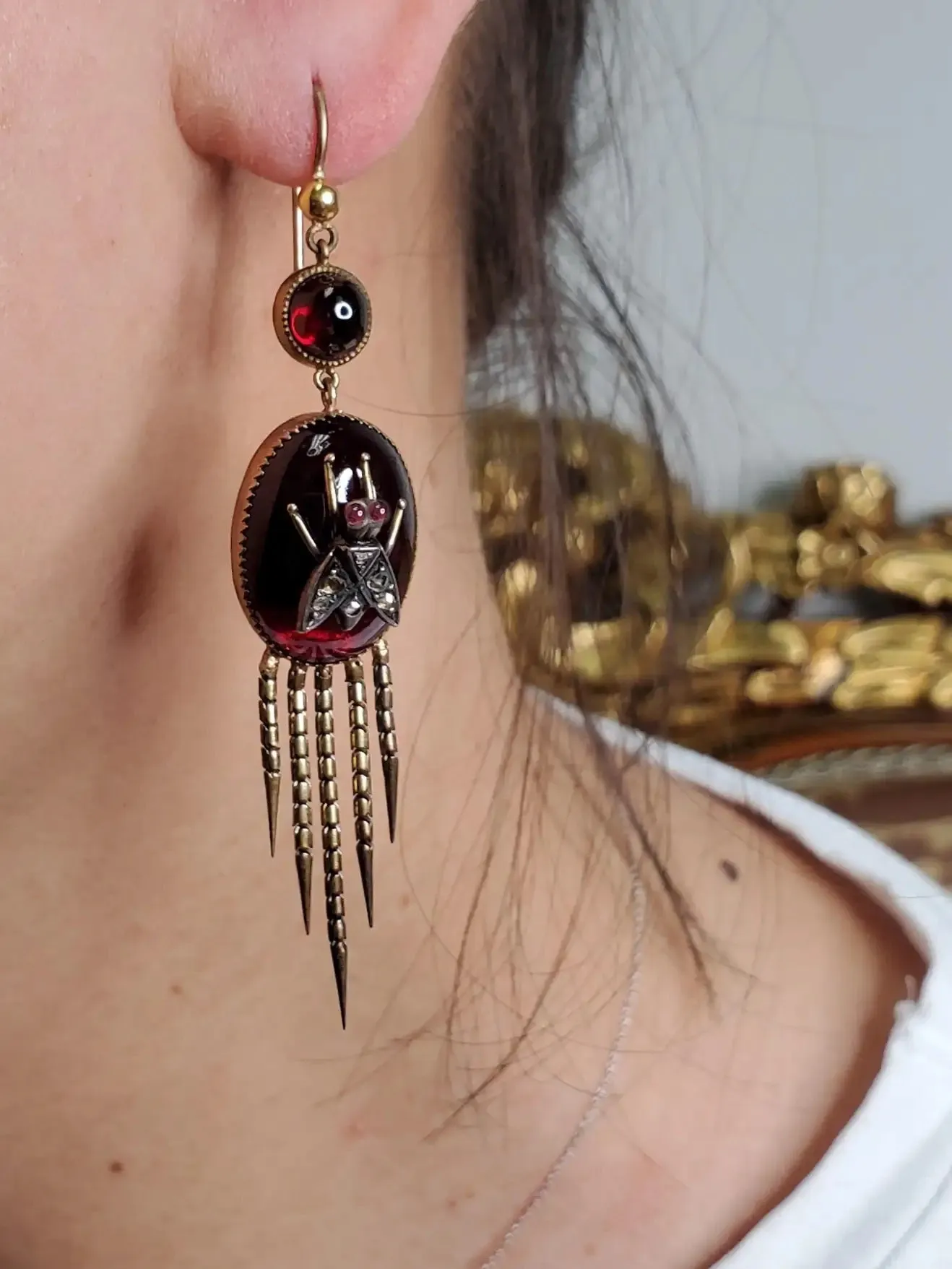 AUTHENTIC FRINGED VICTORIAN CABOCHON GARNET DIAMOND EARRINGS CIRCA 1870 RARE!