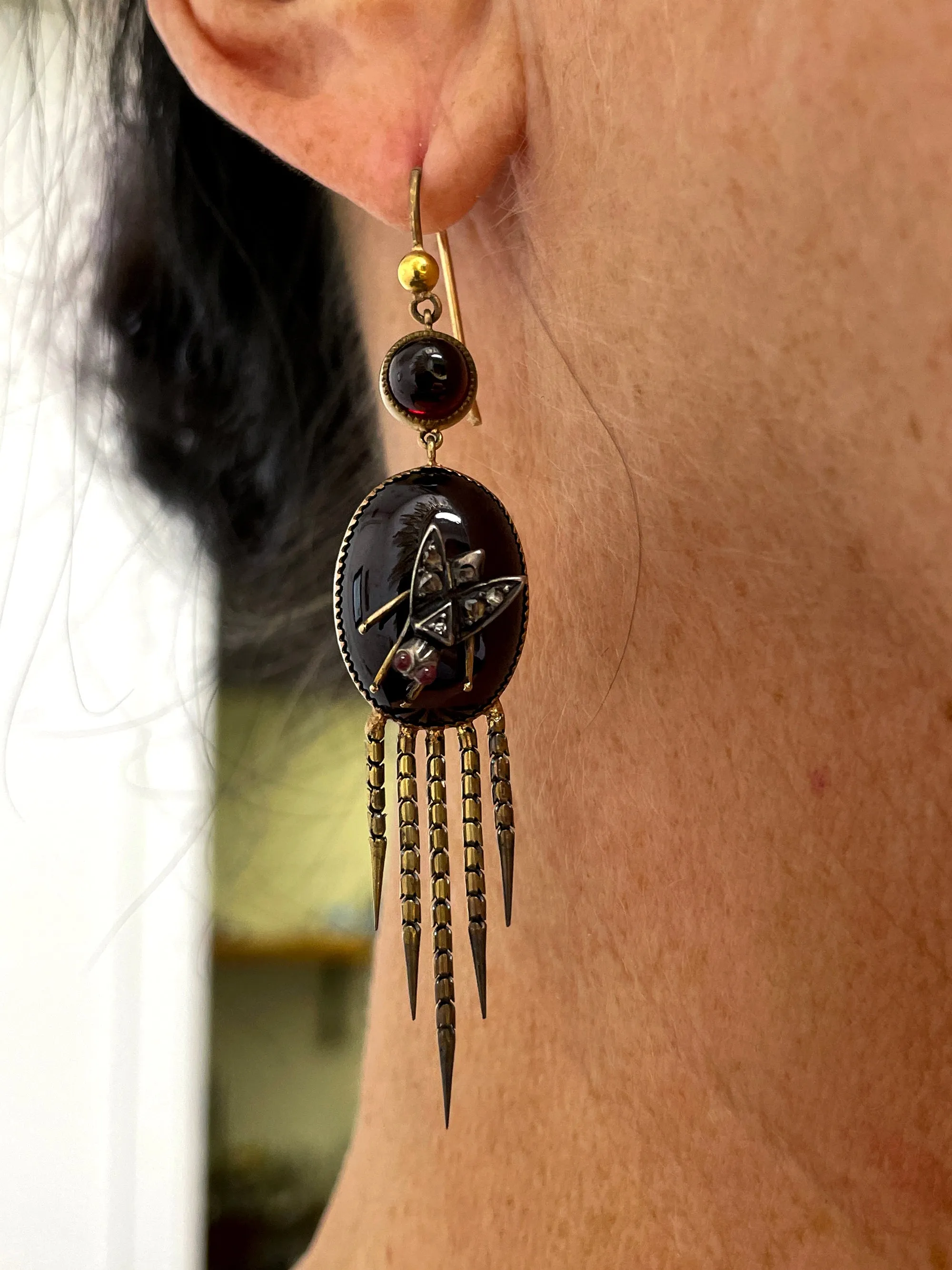 AUTHENTIC FRINGED VICTORIAN CABOCHON GARNET DIAMOND EARRINGS CIRCA 1870 RARE!